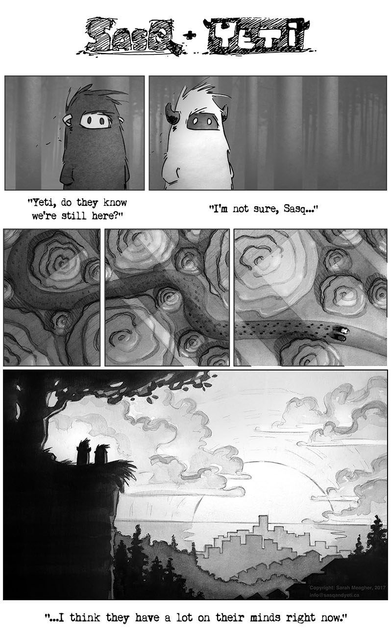 Sasq and Yeti Comic 001 - Yeti, do they know we're still here? I'm not sure, Sasq... I think they have a lot on their minds right now.